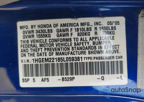 2005 Honda Civic Vp from USA, damaged, VIN 1HGEM22185L059381